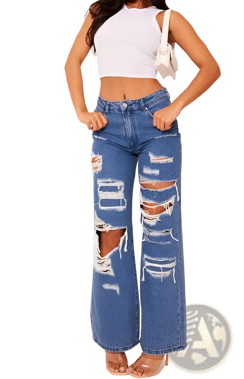 Distressed high waist light wash denim jeans in blue with ripped details and a wide-leg cut