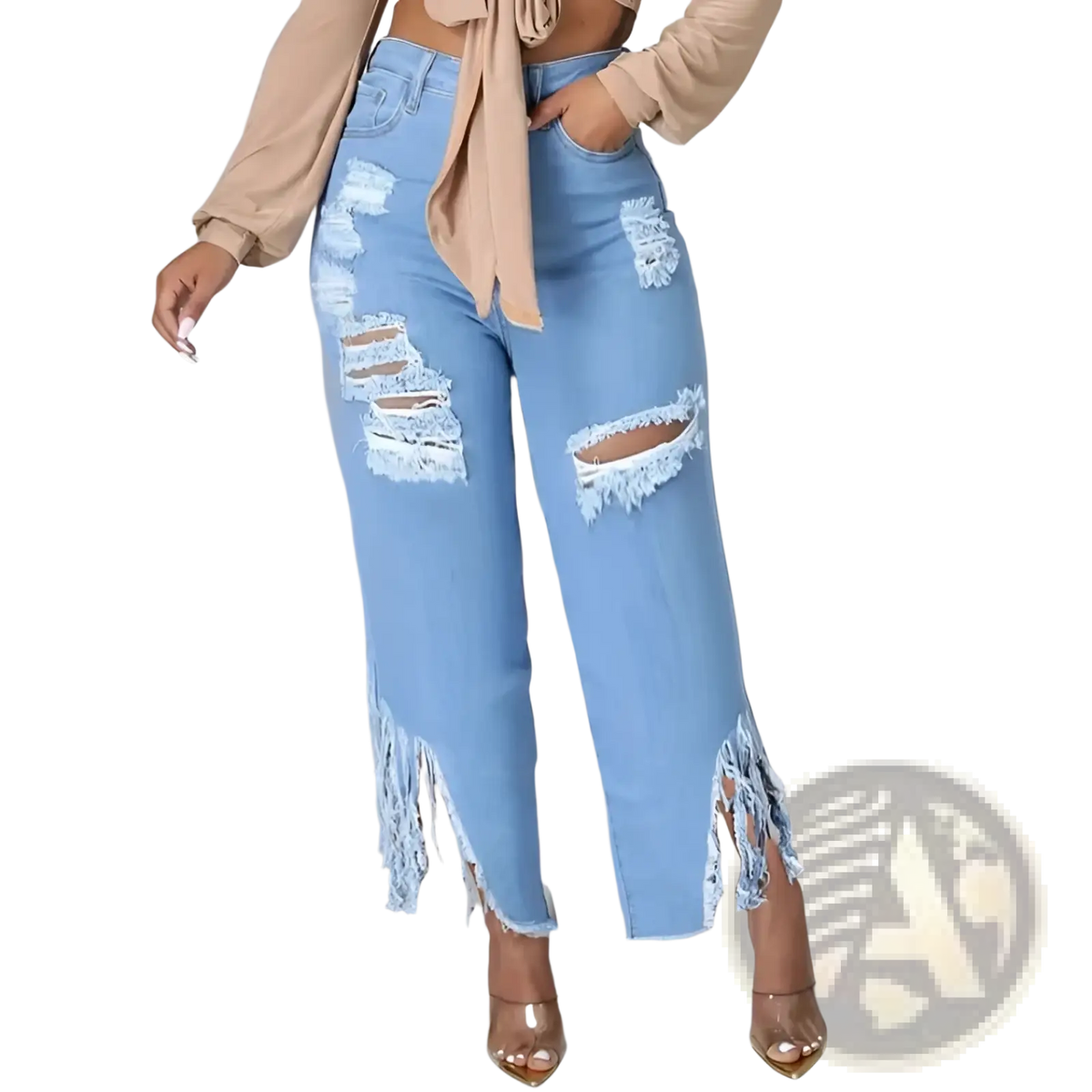 Distressed high waist light wash denim jeans in light blue with ripped details and frayed edges