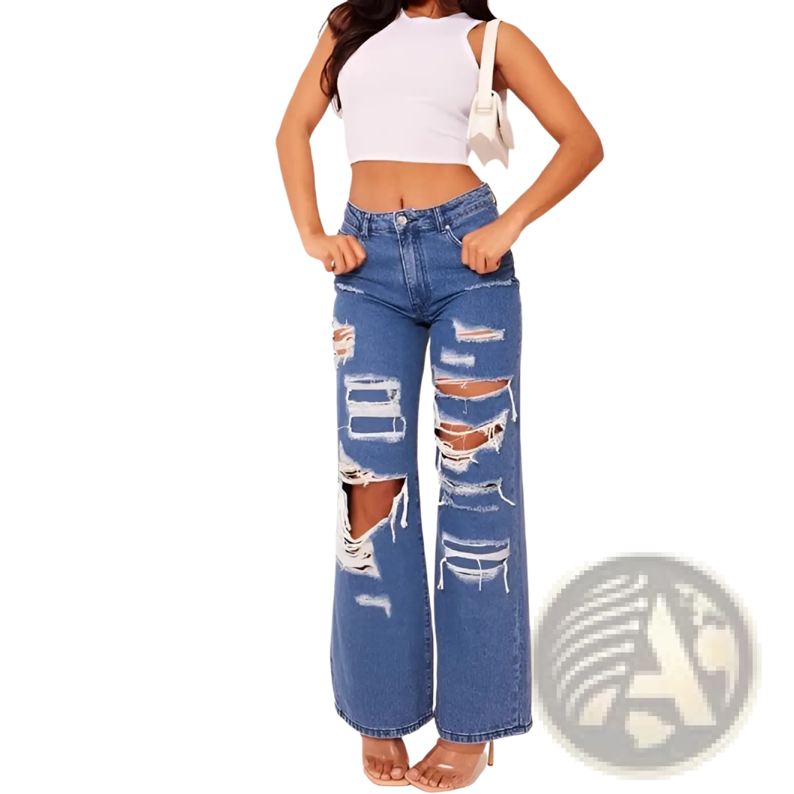 Distressed high waist light wash denim jeans in blue with wide legs, multiple ripped patches, and frayed edges