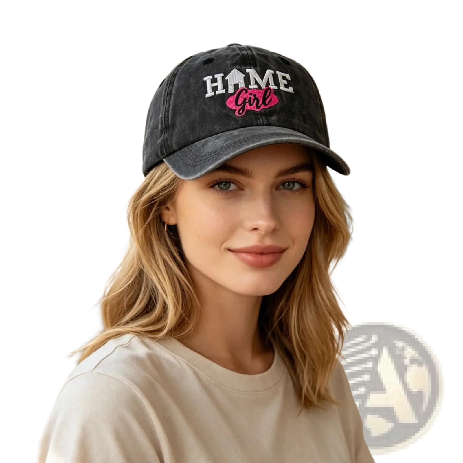 Black distressed baseball cap with home girl embroidered in white and pink thread on the front panel