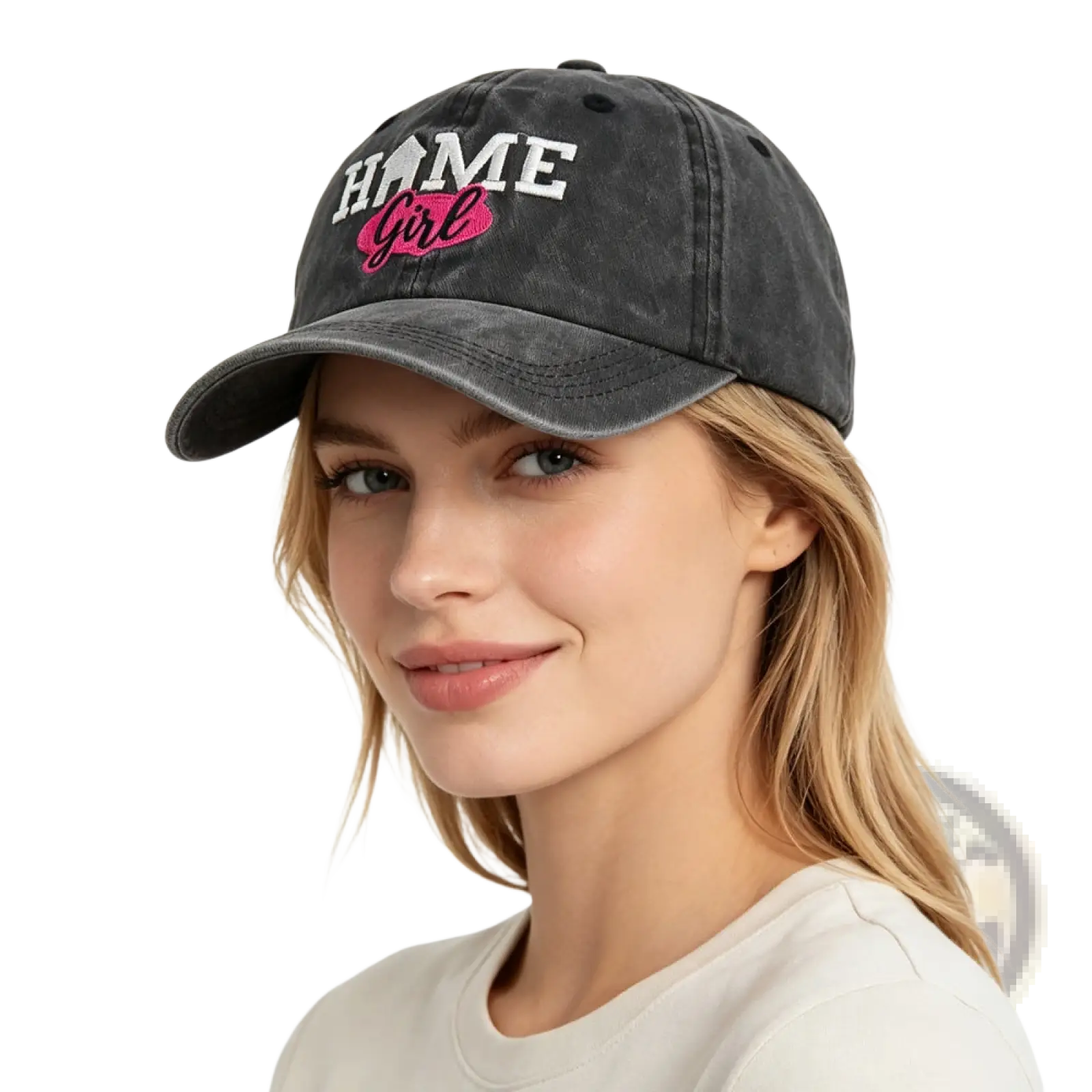 Black distressed baseball cap with home girl embroidered in white and pink thread on the front panel