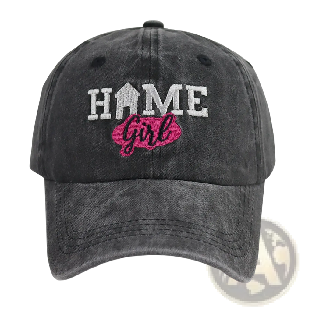 A dark gray distressed cotton baseball cap with embroidered white lettering and pink girl script with house icon