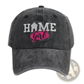 A dark gray distressed cotton baseball cap with embroidered white lettering and pink girl script with house icon