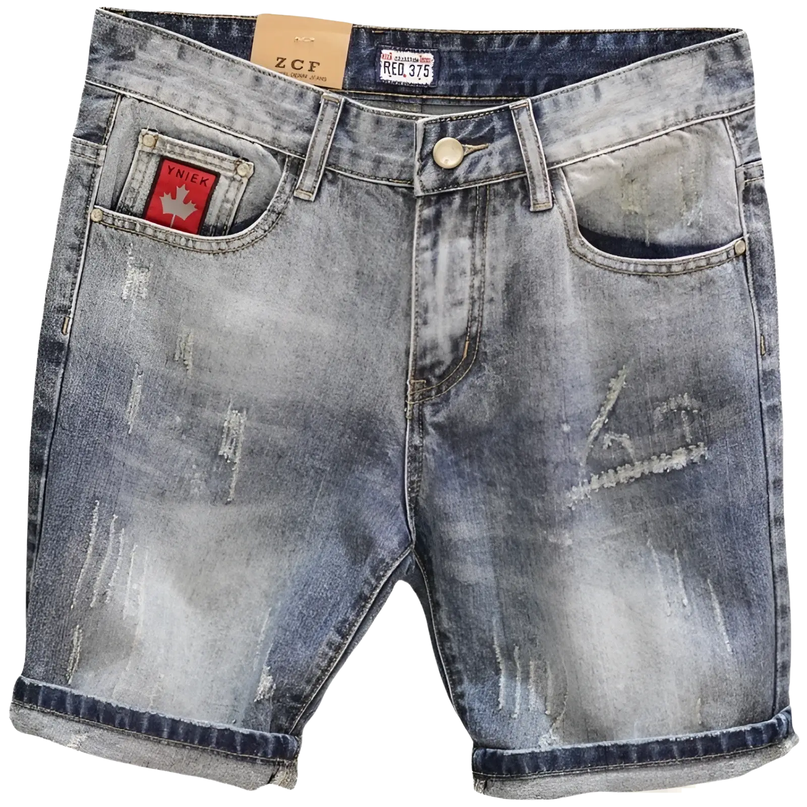 Distressed maple leaf denim shorts in blue with faded wash, rolled cuffs, and red maple leaf patch on front pocket