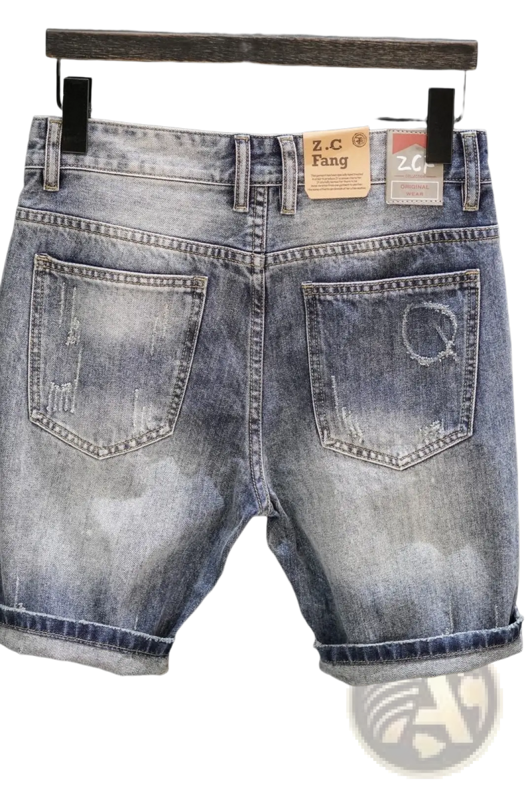 Distressed blue denim shorts with rolled cuffs and a faded worn-in look named Distressed Maple Leaf Denim Shorts