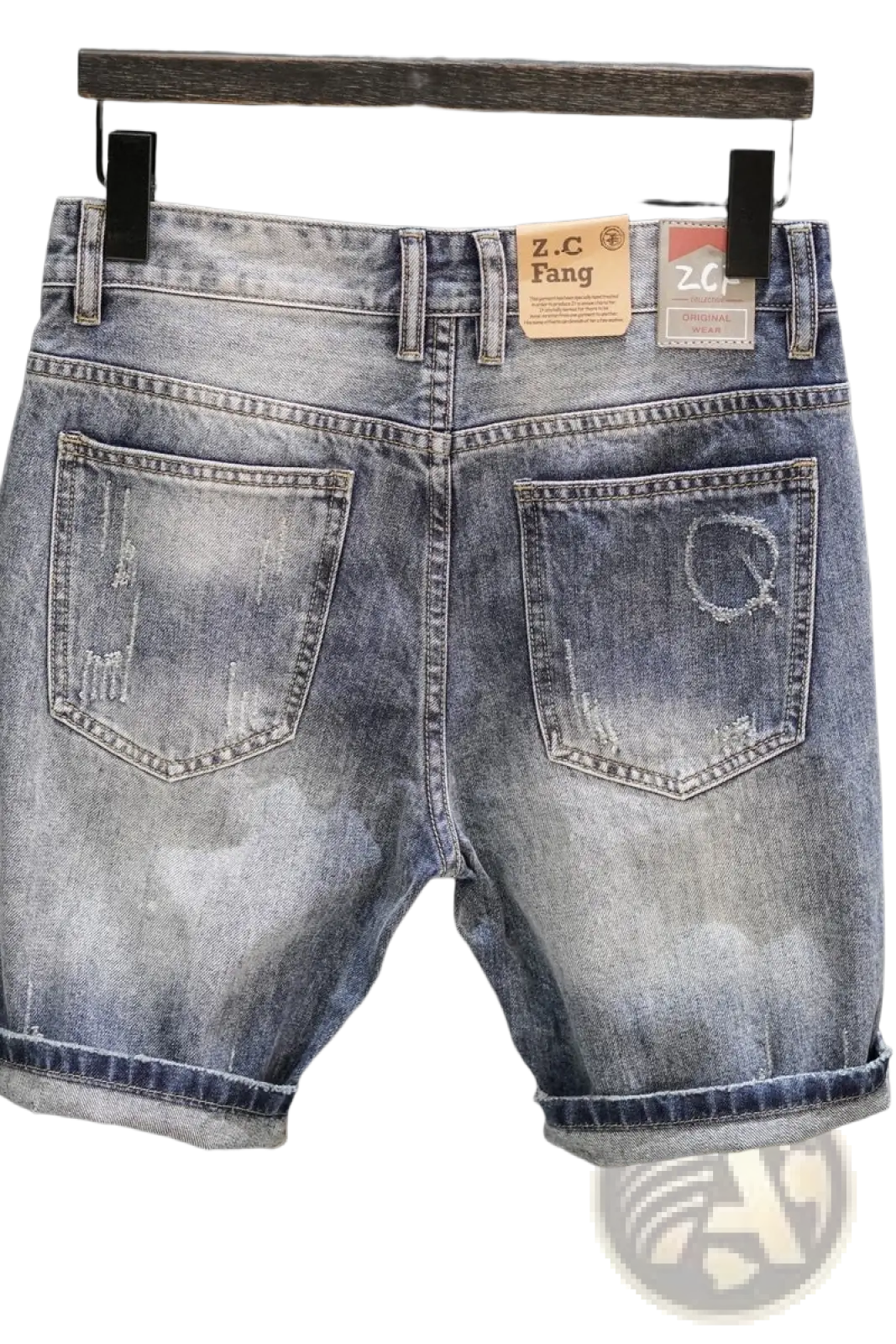 Distressed blue denim shorts with rolled cuffs and a faded worn-in look named Distressed Maple Leaf Denim Shorts
