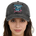 A dark gray distressed baseball cap with embroidered blue and pink mermaid tail design titled distressed mermaid hair baseball cap
