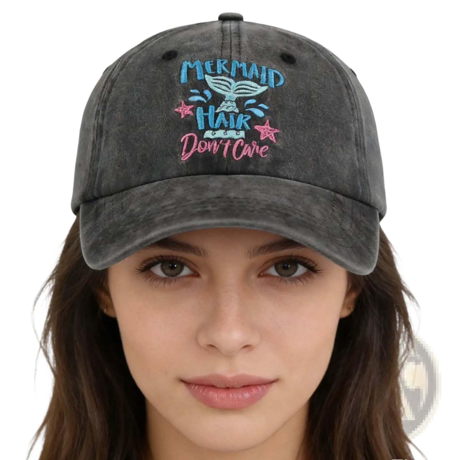 A dark gray distressed baseball cap with embroidered blue and pink mermaid tail design titled distressed mermaid hair baseball cap