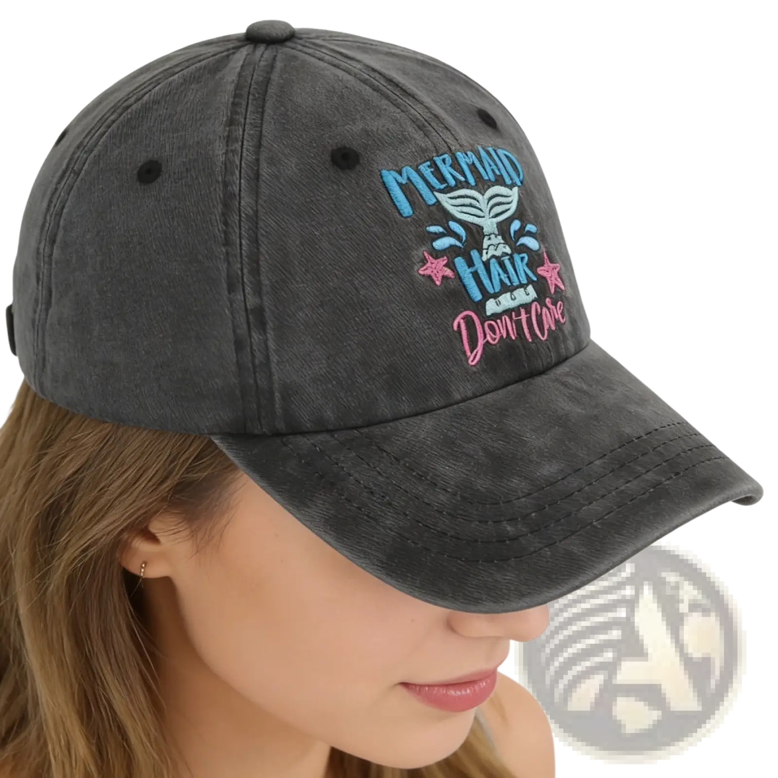 A dark gray distressed baseball cap featuring embroidered blue and pink mermaid hair design with stars