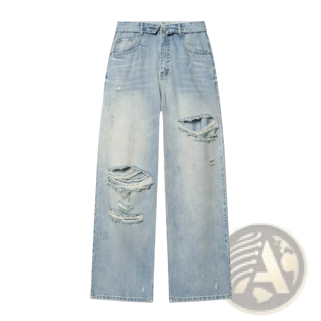 Light-wash distressed mid waist wide leg denim jeans with frayed ripped details on thighs and knees
