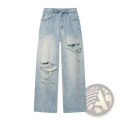Light-wash distressed mid waist wide leg denim jeans with frayed ripped details on thighs and knees