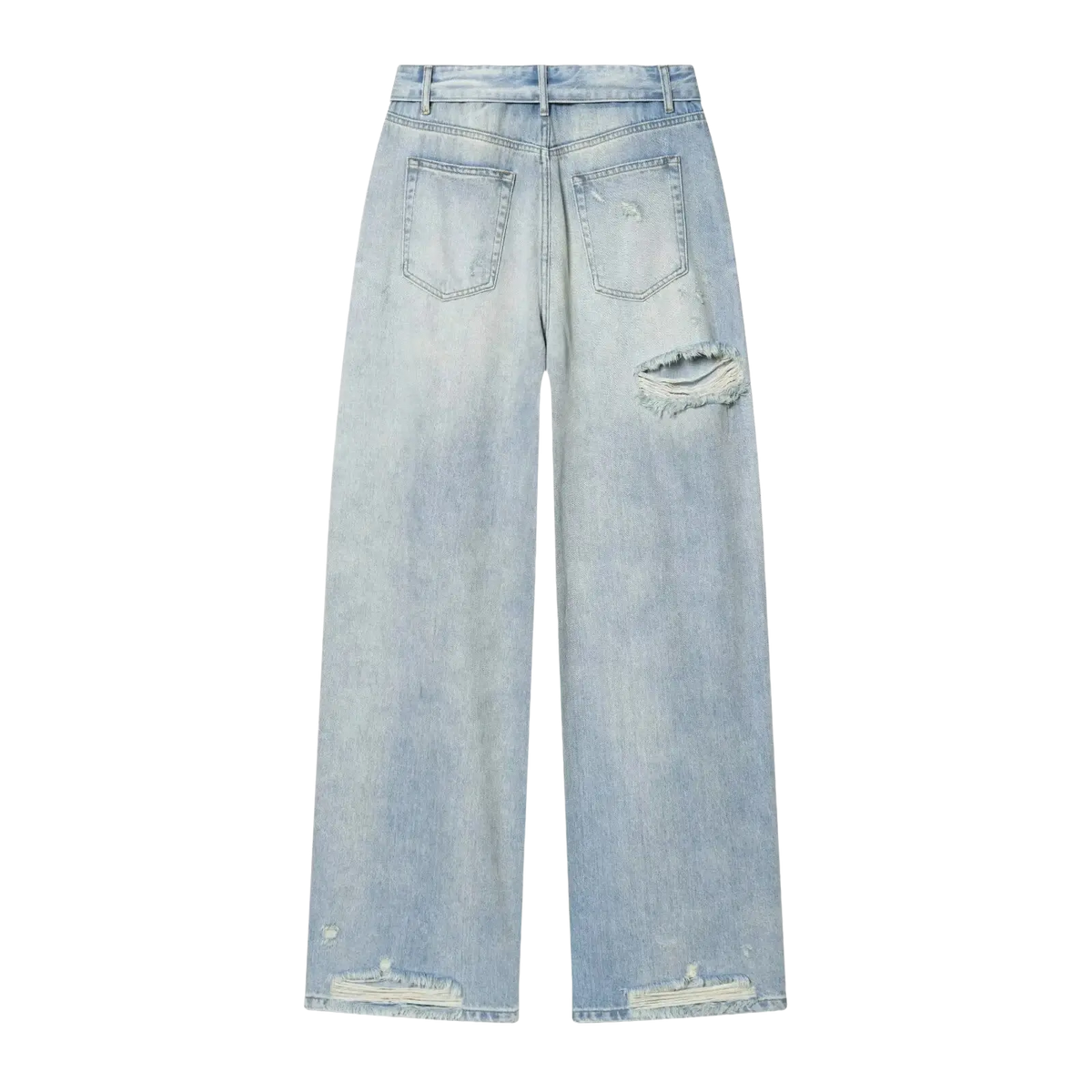 Light-wash mid waist wide leg denim jeans with distressed frayed knees and hem in a casual style