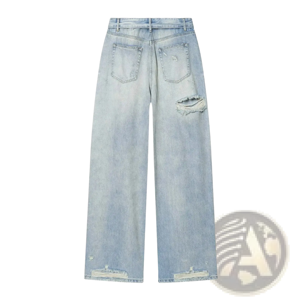 Light-wash mid waist wide leg denim jeans with distressed frayed knees and hem in a casual style