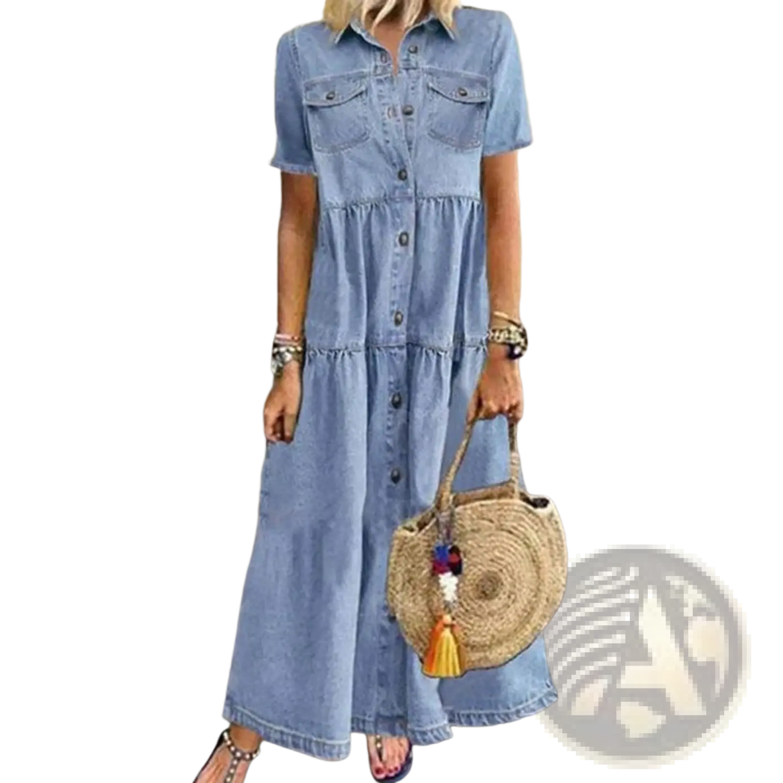 A light blue denim dress with short sleeves button-front closure and chest pockets from the distressed multi buckle tiered denim maxi shirt dress collection