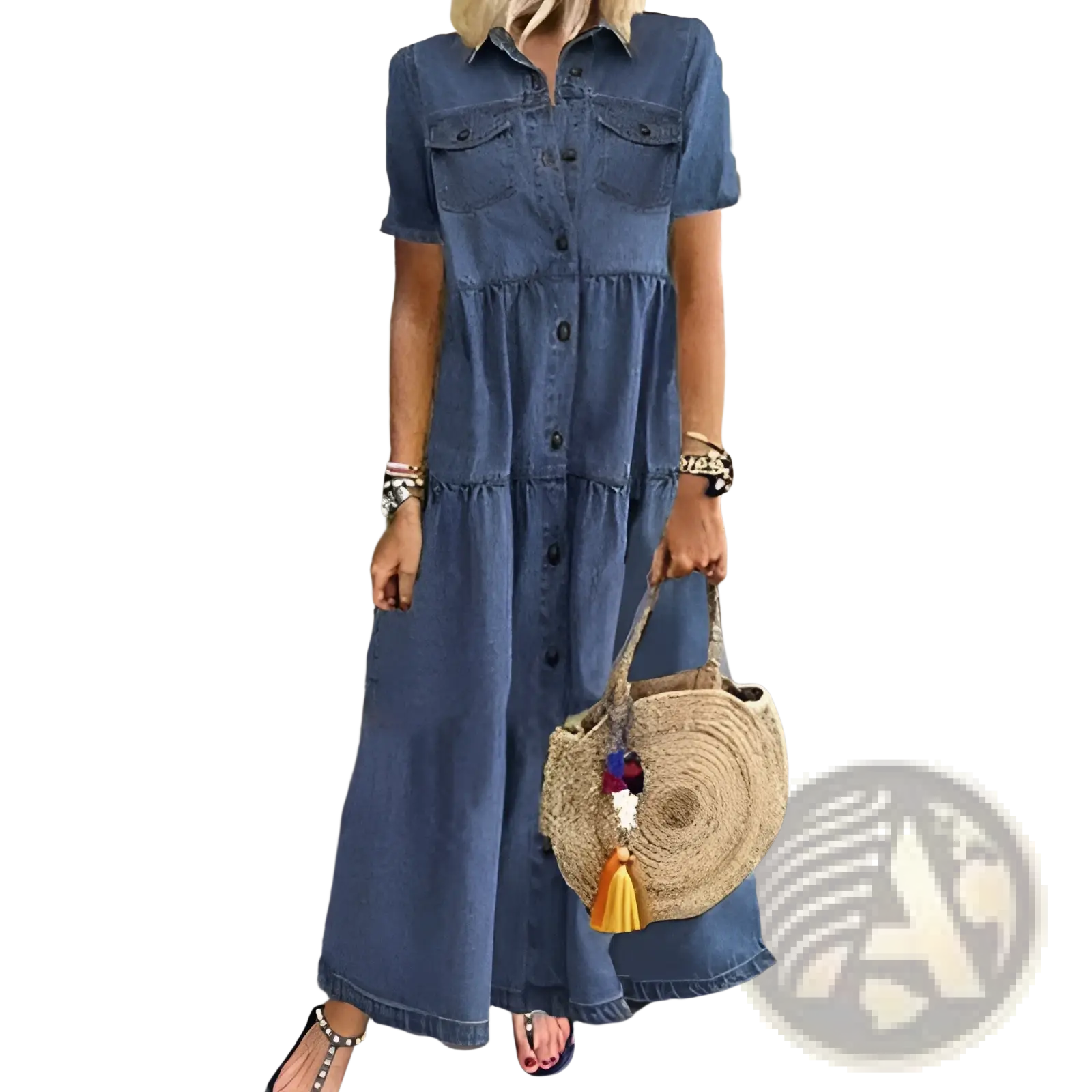 A woman wears a blue denim distressed multi buckle tiered maxi shirt dress with short sleeves and button-front closure
