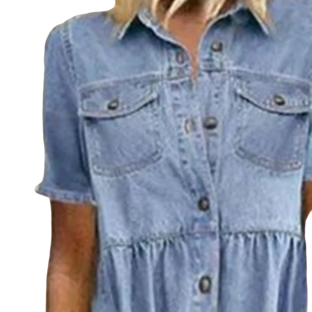 Light blue denim short sleeve shirt dress with button closures from the distressed multi buckle tiered denim maxi shirt dress collection