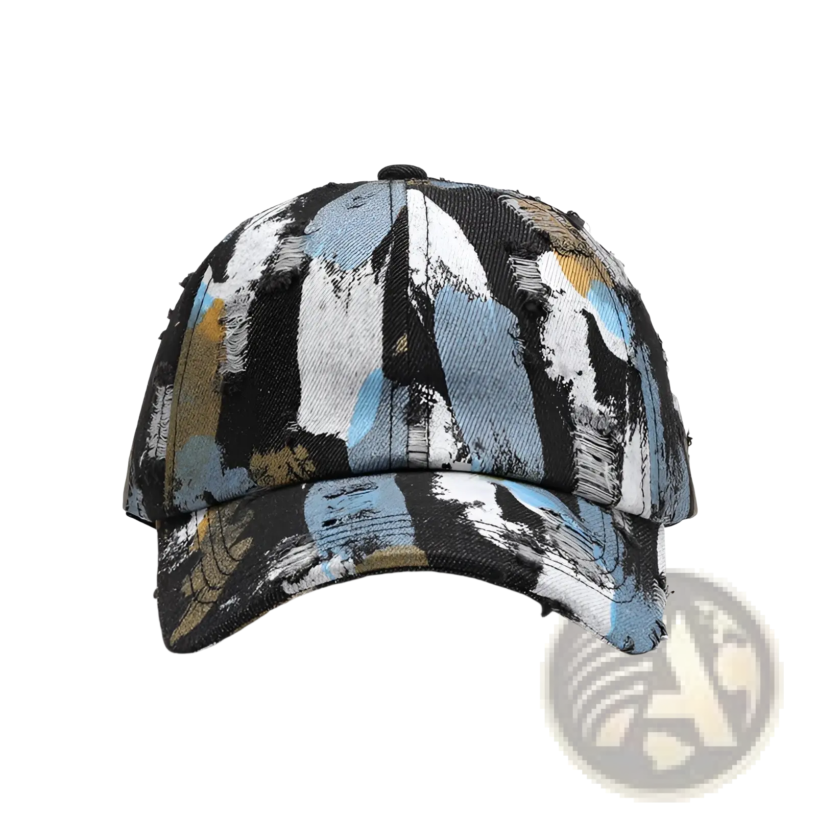 A distressed paint splatter cotton baseball cap in black white light blue and mustard yellow on denim fabric