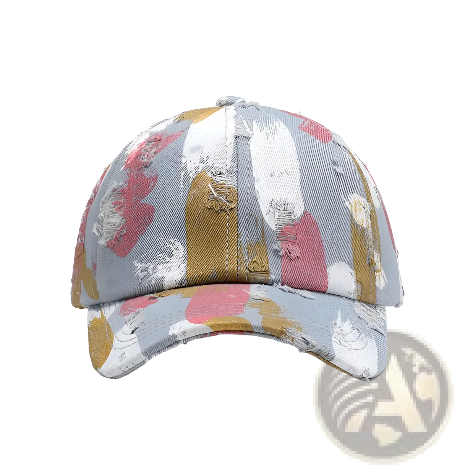 Distressed paint splatter cotton baseball cap with vibrant pink, white, and mustard yellow abstract stripes