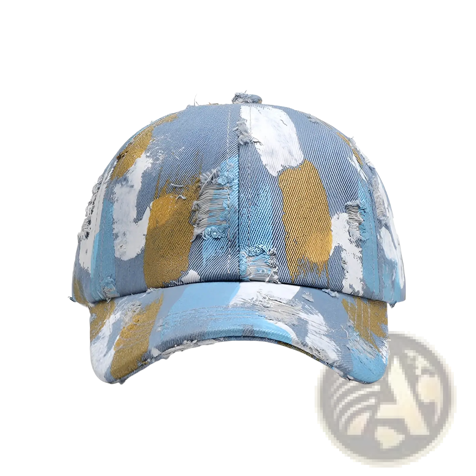 Distressed paint splatter cotton baseball cap in faded blue with gold abstract design and frayed edges