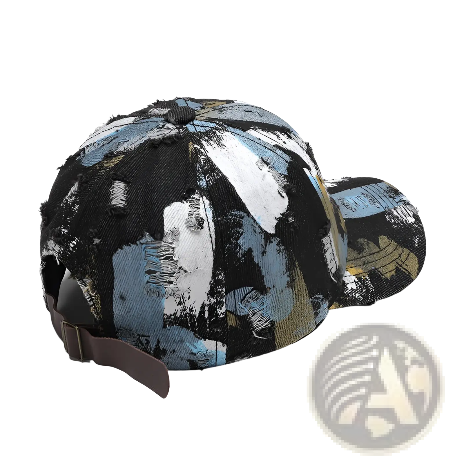 A distressed cotton baseball cap with a bold abstract paint splatter pattern in black blue white and gold