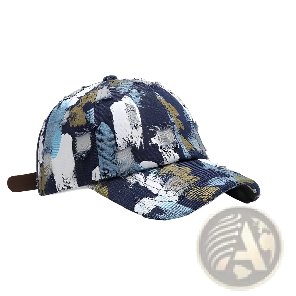 Distressed paint splatter cotton baseball cap with bold abstract navy white and muted yellow design