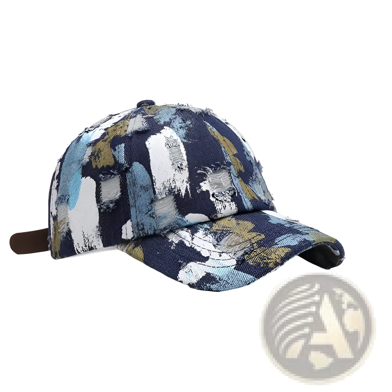 Distressed paint splatter cotton baseball cap with bold abstract navy white and muted yellow design