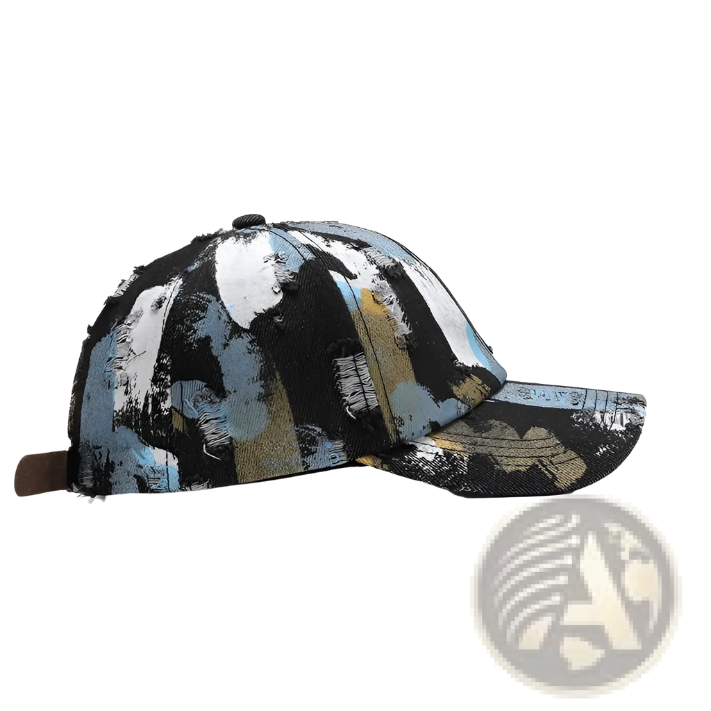 Distressed paint splatter cotton baseball cap featuring bold black white blue and beige abstract design