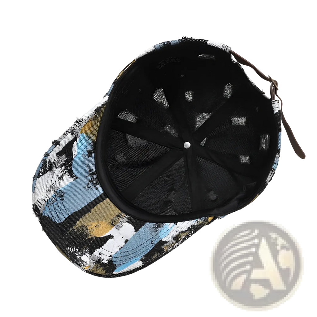 A distressed cotton baseball cap with a bold blue yellow and white abstract paint splatter design