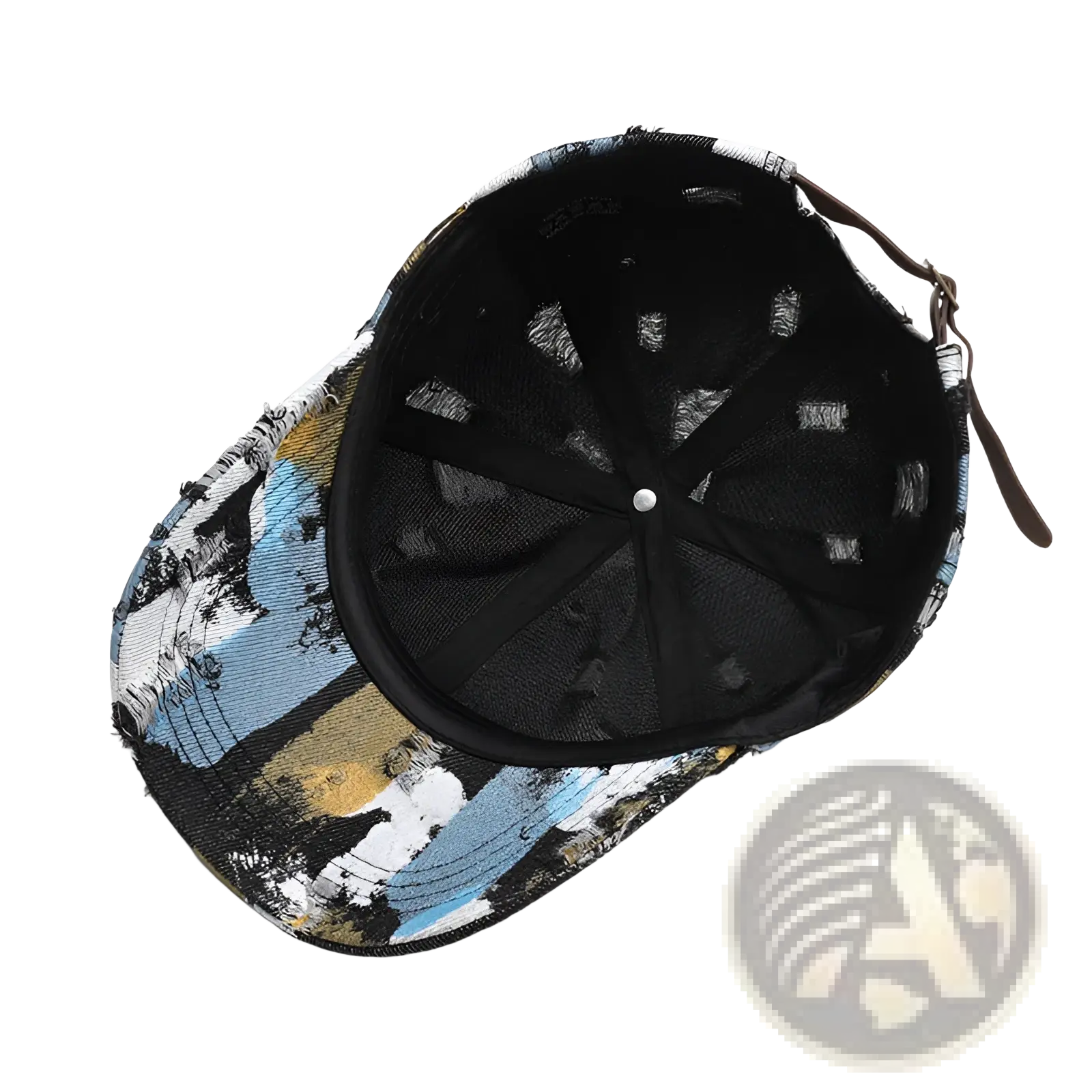 A distressed cotton baseball cap with a bold blue yellow and white abstract paint splatter design