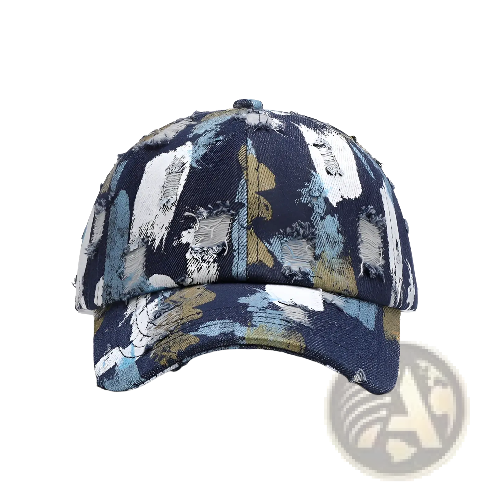 Distressed paint splatter cotton baseball cap with bold navy white and muted yellow abstract pattern
