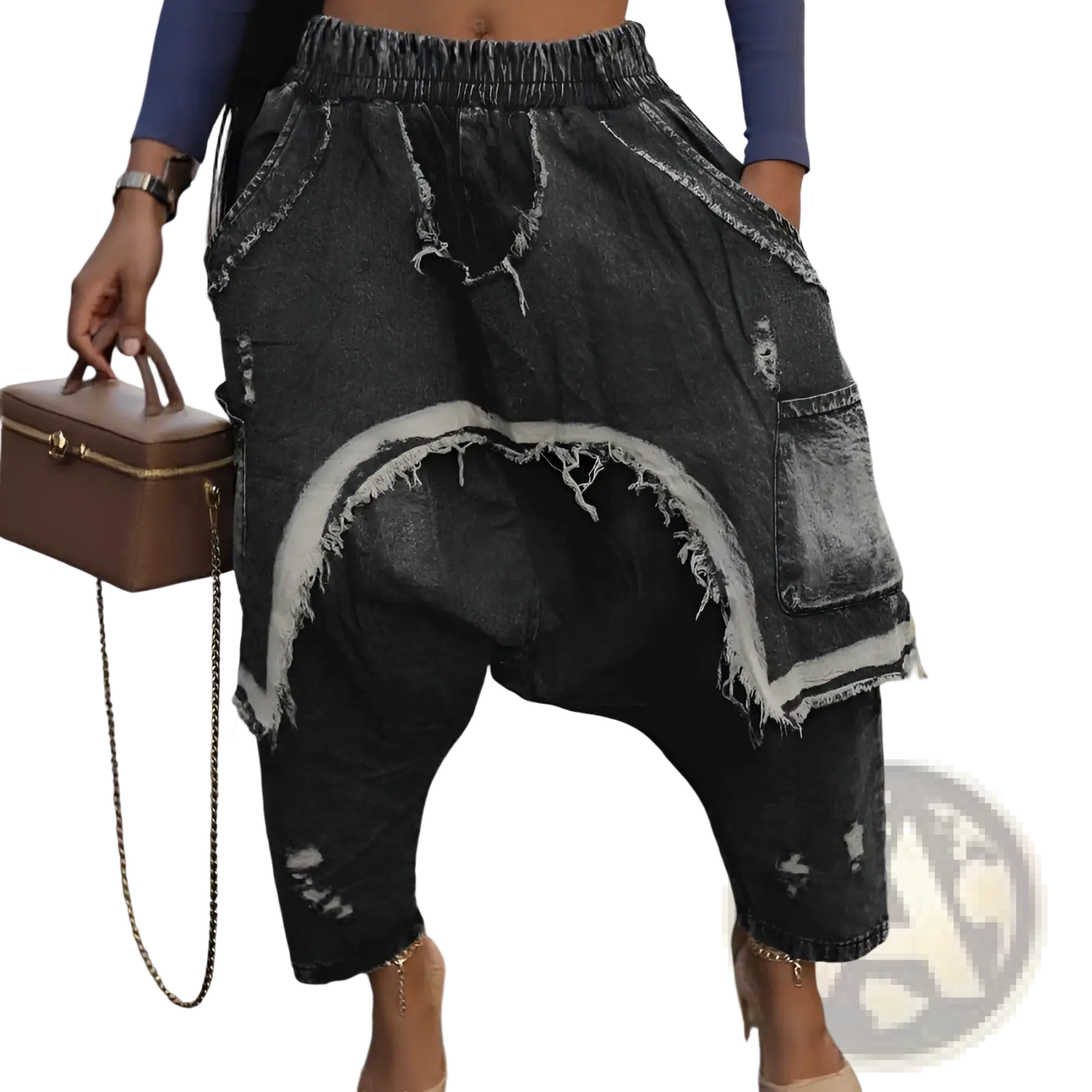 Distressed patchwork denim harem pants in dark wash with frayed edges and a casual, relaxed fit