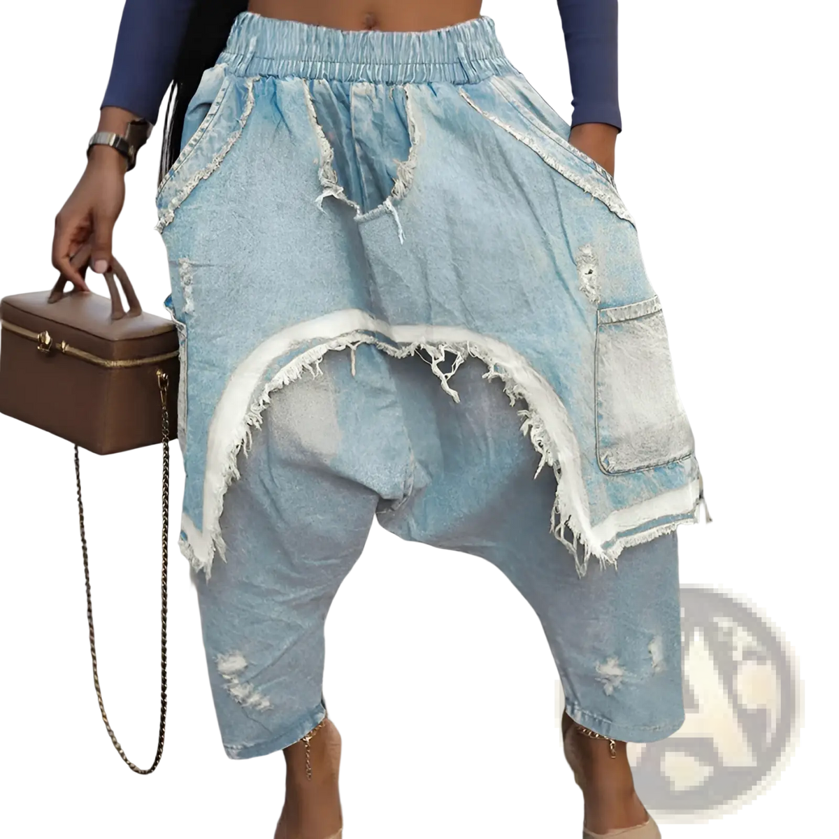 Light blue distressed patchwork denim harem pants with frayed edges and a relaxed flowing silhouette