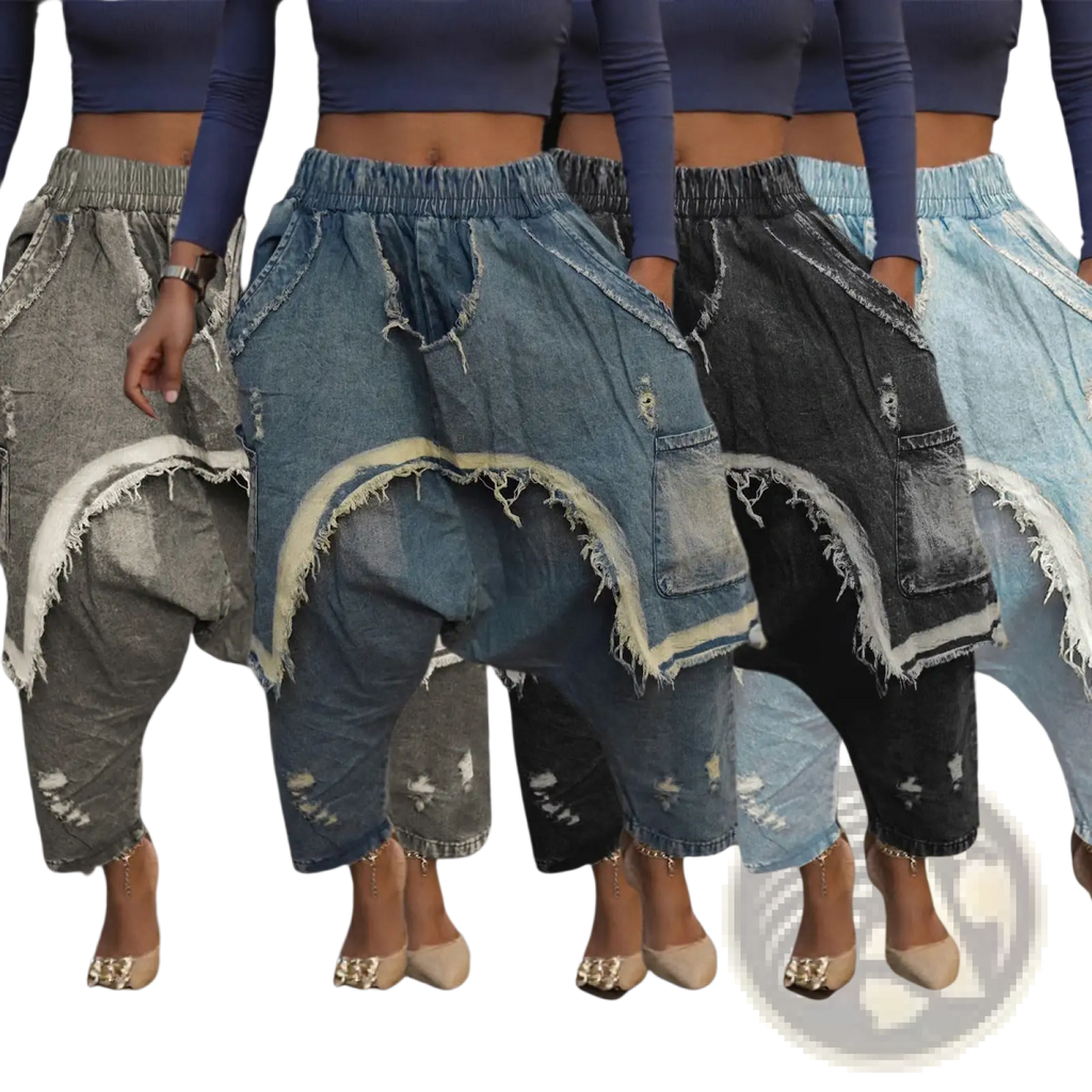 Distressed patchwork denim harem pants in gray black medium blue and light blue with frayed hemlines and patchwork details