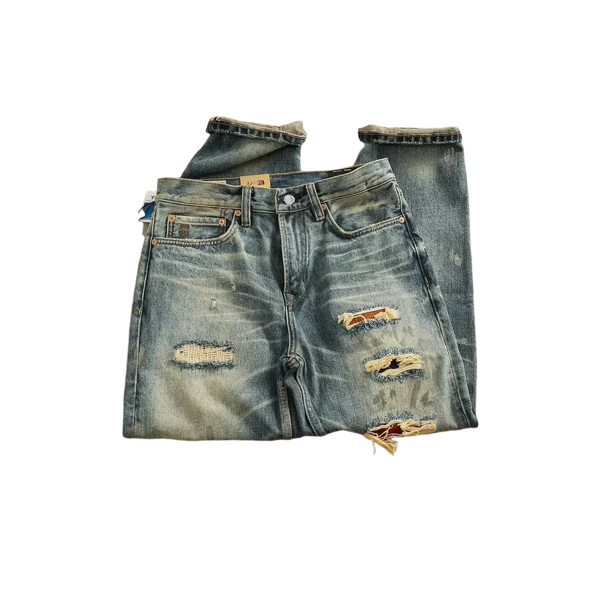 Distressed patchwork denim jeans men featuring blue distressed denim shorts with intentional rips and frayed edges
