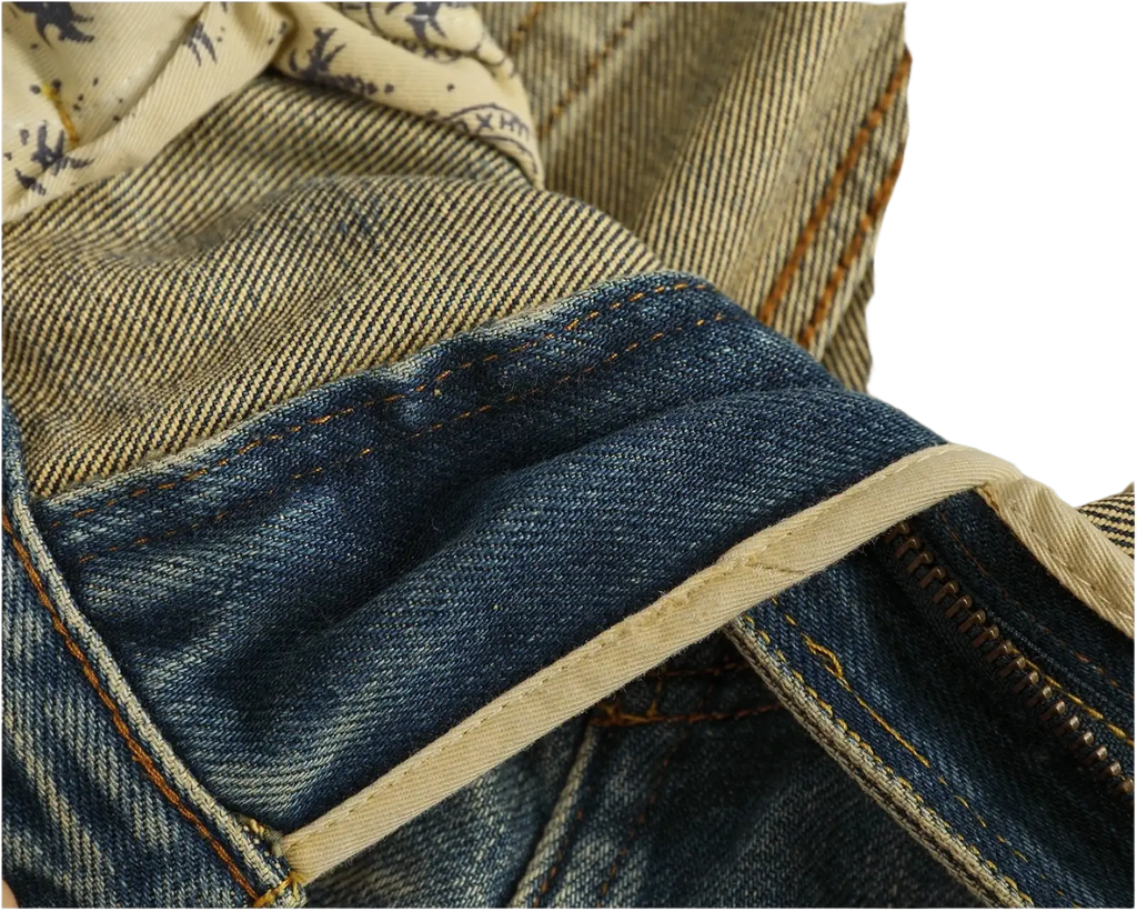 Distressed patchwork denim jeans for men in blue denim with beige stitching and subtle patterned lining visible
