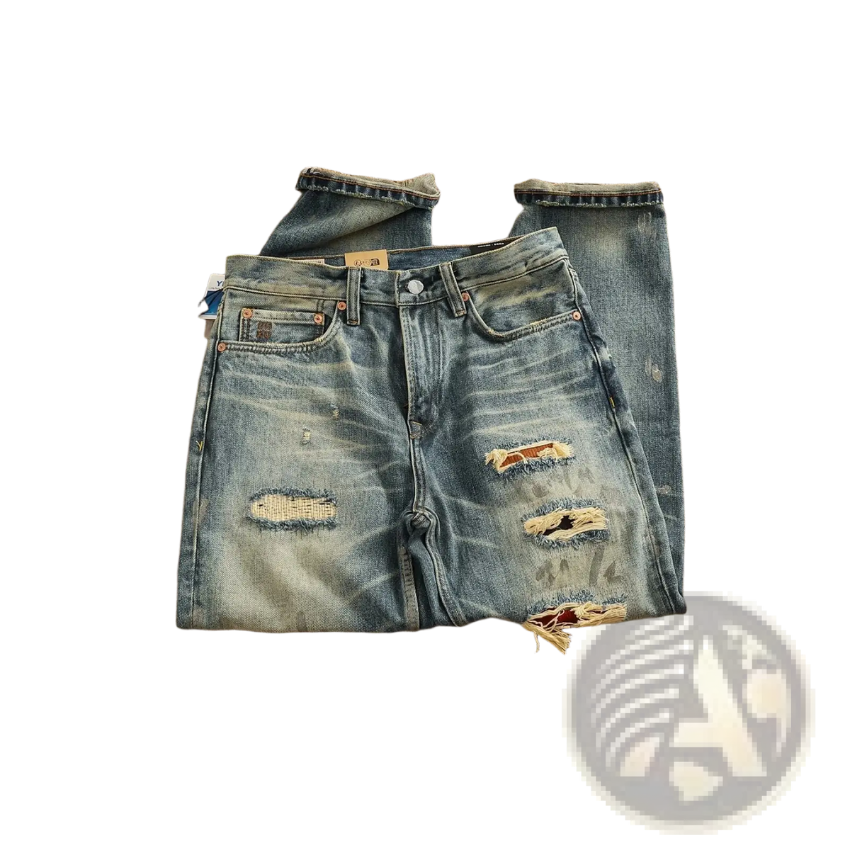 Distressed patchwork denim jeans men in blue with intentional rips frayed edges and classic five-pocket design