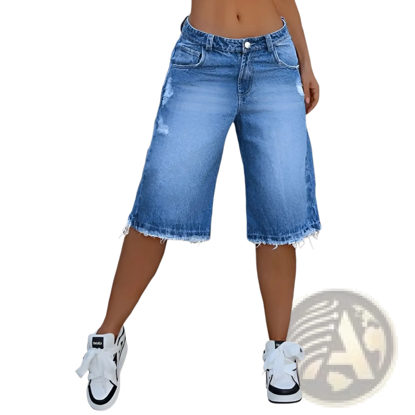 Distressed ripped denim capri pants in blue with classic five-pocket design and frayed hem detail