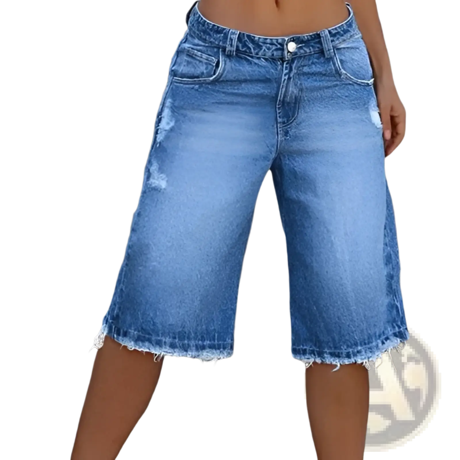 Distressed ripped denim capri pants in blue denim with a frayed hem and classic five-pocket design