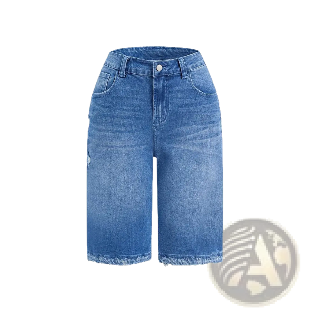 Distressed ripped denim capri pants in medium blue wash with frayed hems and subtle distressing in mid-rise fit