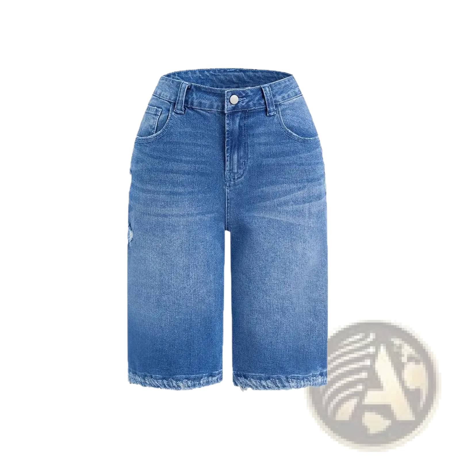 Distressed ripped denim capri pants in medium blue wash with frayed hems and subtle distressing in mid-rise fit