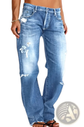 Distressed ripped loose straight leg denim jeans in blue faded wash with ripped details made from denim fabric