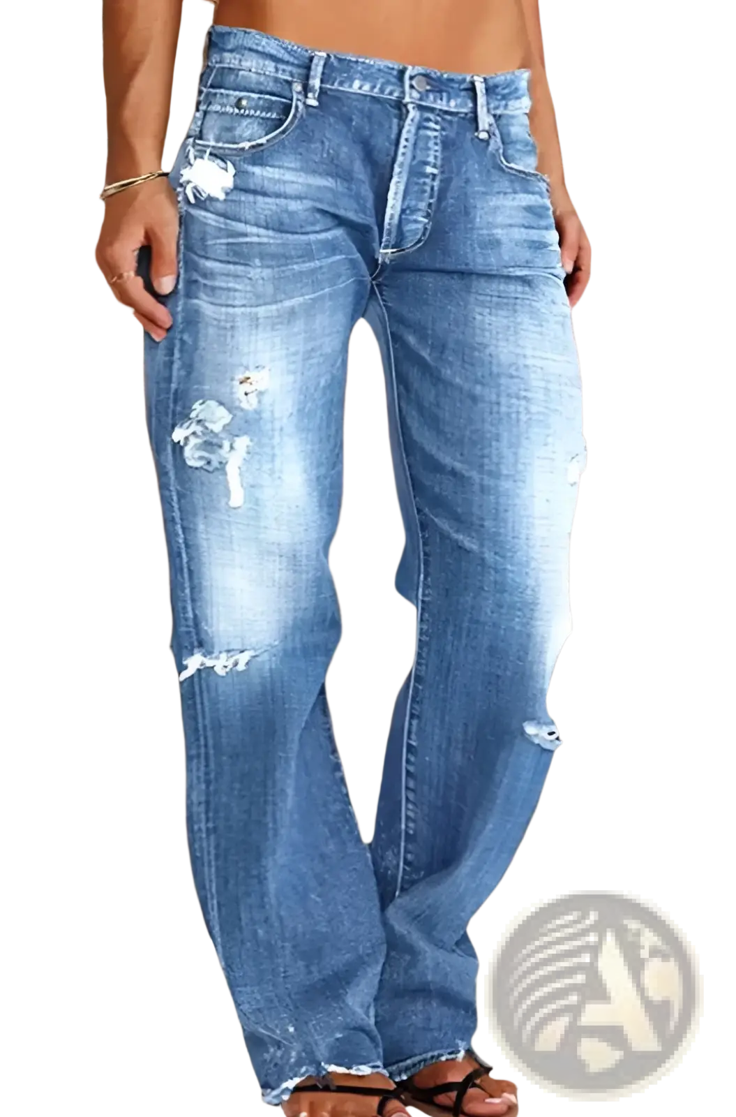 Distressed ripped loose straight leg denim jeans in blue faded wash with ripped details made from denim fabric