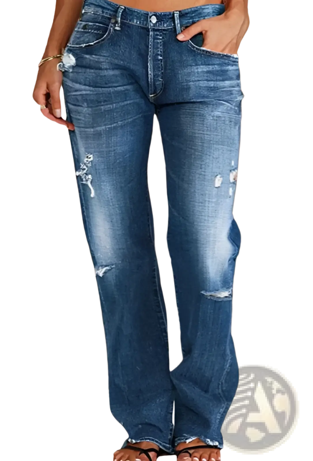 Blue denim distressed ripped loose straight leg jeans with flared cut showcasing front side details