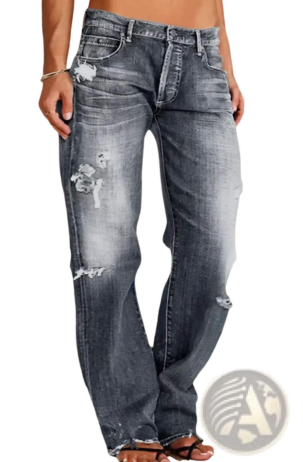 Distressed ripped loose straight leg denim jeans in blue with frayed hems and decorative patches on distressed material