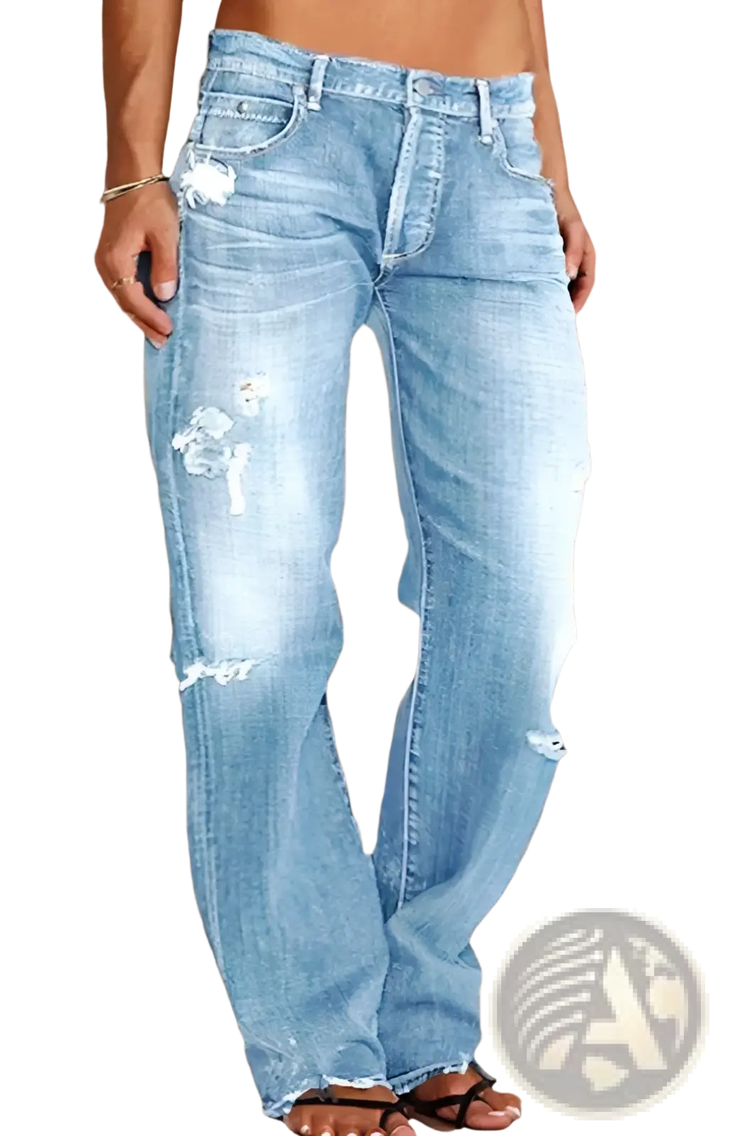 Distressed ripped loose straight leg light-wash denim jeans with flared cut and casual style