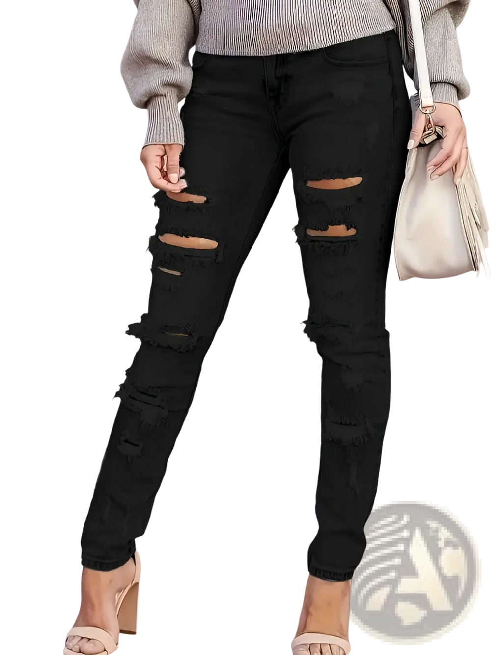 Black distressed ripped skinny denim pants featuring multiple ripped patches and frayed edges in denim material