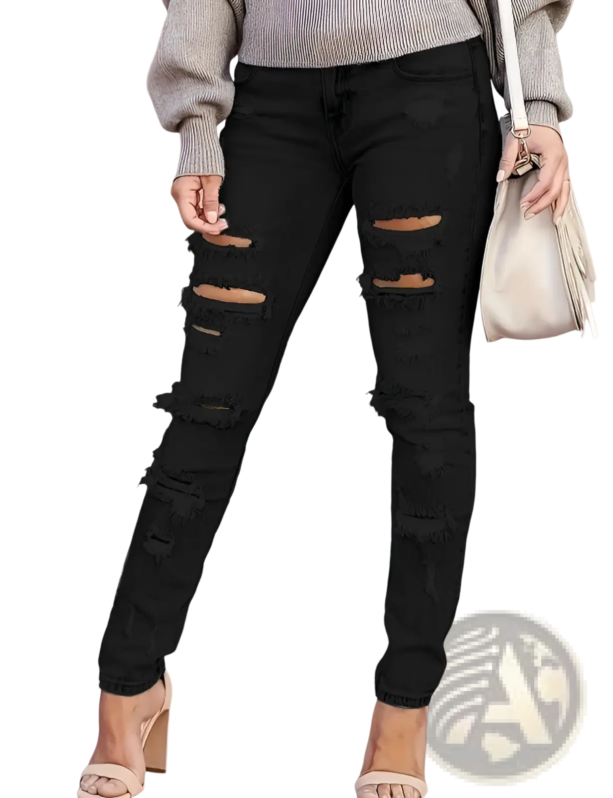 Black distressed ripped skinny denim pants featuring multiple ripped patches and frayed edges in denim material
