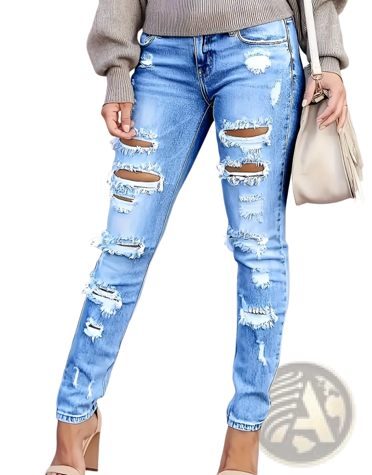 Light-wash distressed ripped skinny denim pants with multiple frayed patches along the legs in cotton denim
