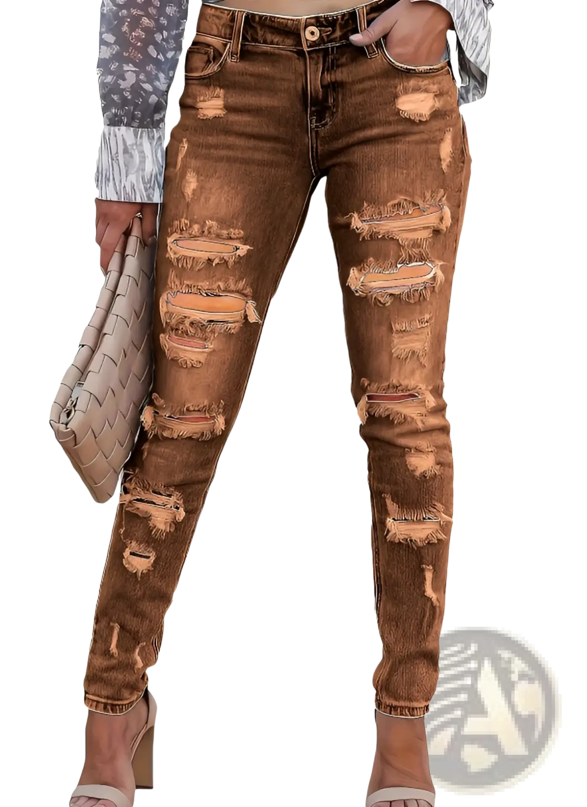 Distressed ripped skinny denim pants in brown with multiple frayed and ripped patches along the legs