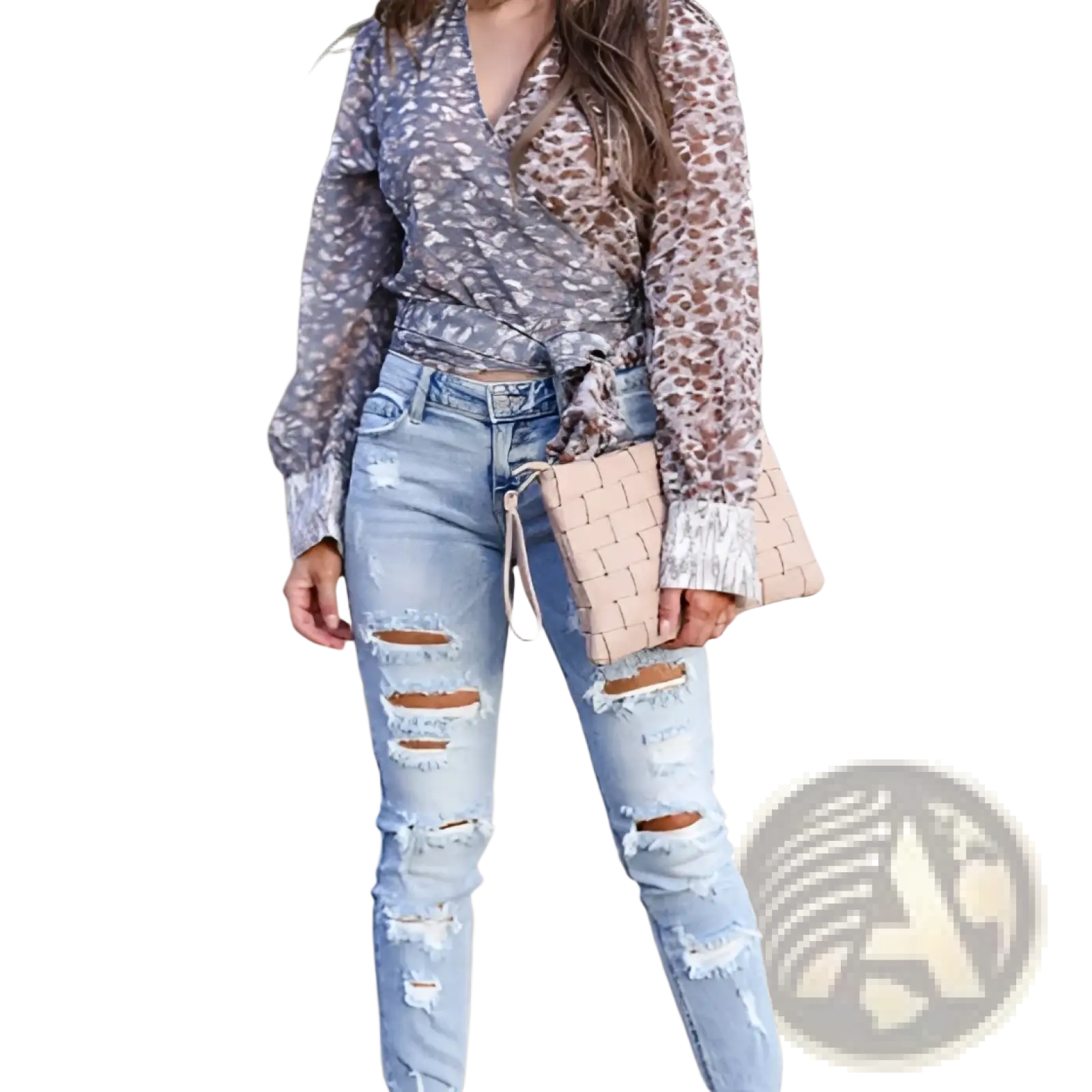 Beige woven clutch with drawstring closure complementing distressed ripped skinny denim pants for casual style